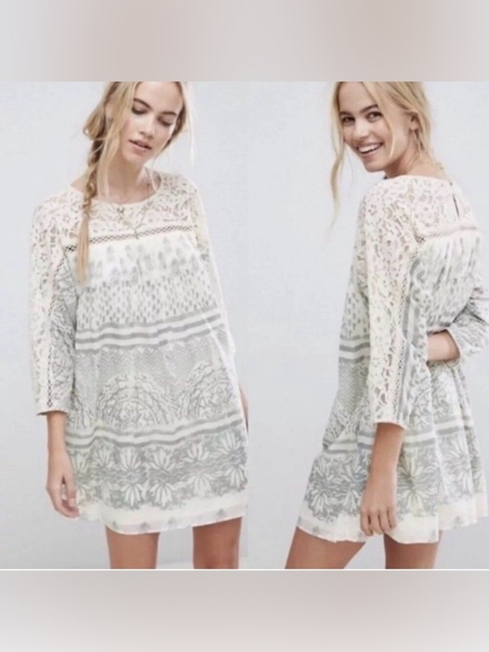 Free People Dresses & Skirts - Free People Sun Daze NWT Sage Ivory Lace Panel Shift Printed Lined Tunic Dress S